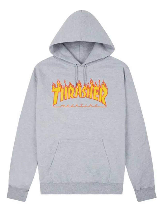 THRASHER Felpa con Cappuccio Logo Flame Grigia